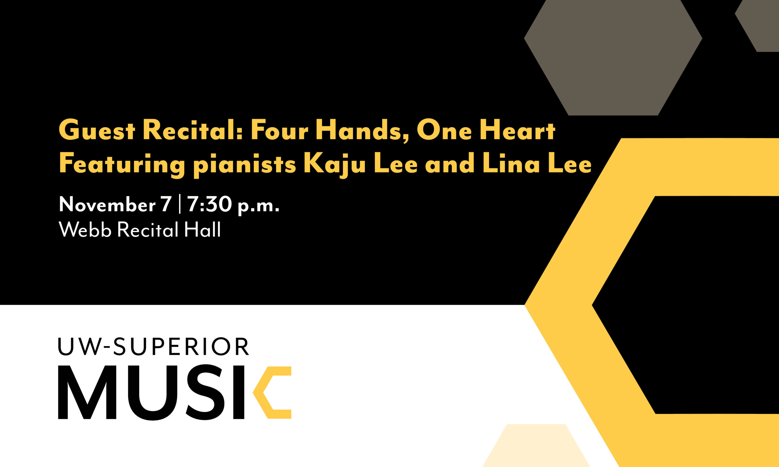 The University of Wisconsin-Superior Music Department will host a special guest recital featuring pianists Kaju Lee and Lina Lee on Thursday, November 7, at 7:30 p.m. in Webb Recital Hall.