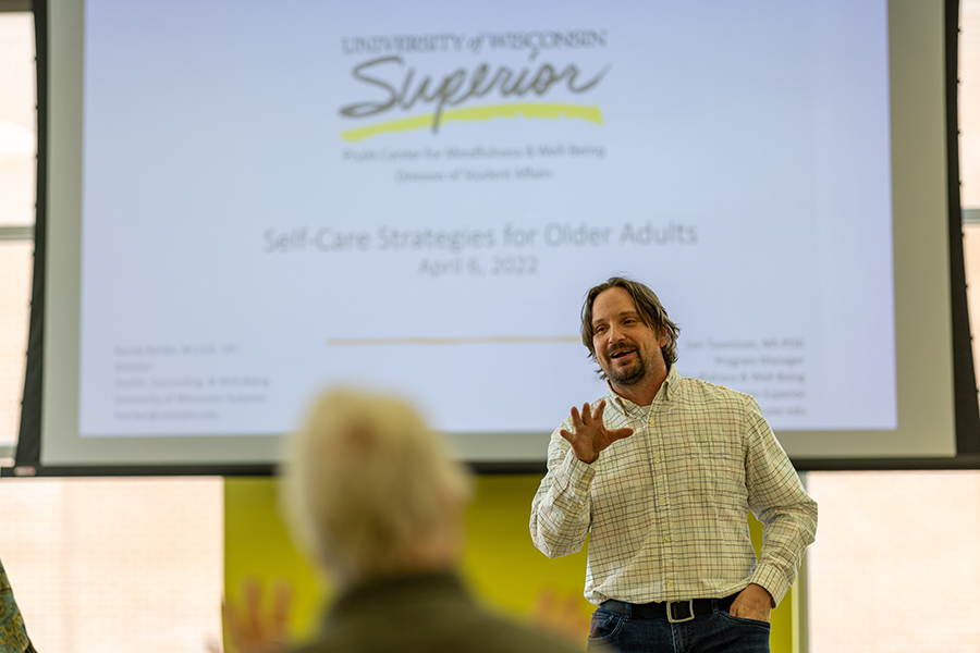 Randy Barker, director of health, counseling & well-Being, leads a UW-Superior Center for Continuing Education class, “Self-Care Strategies for Older Adults,” in the Yellowjacket Union.