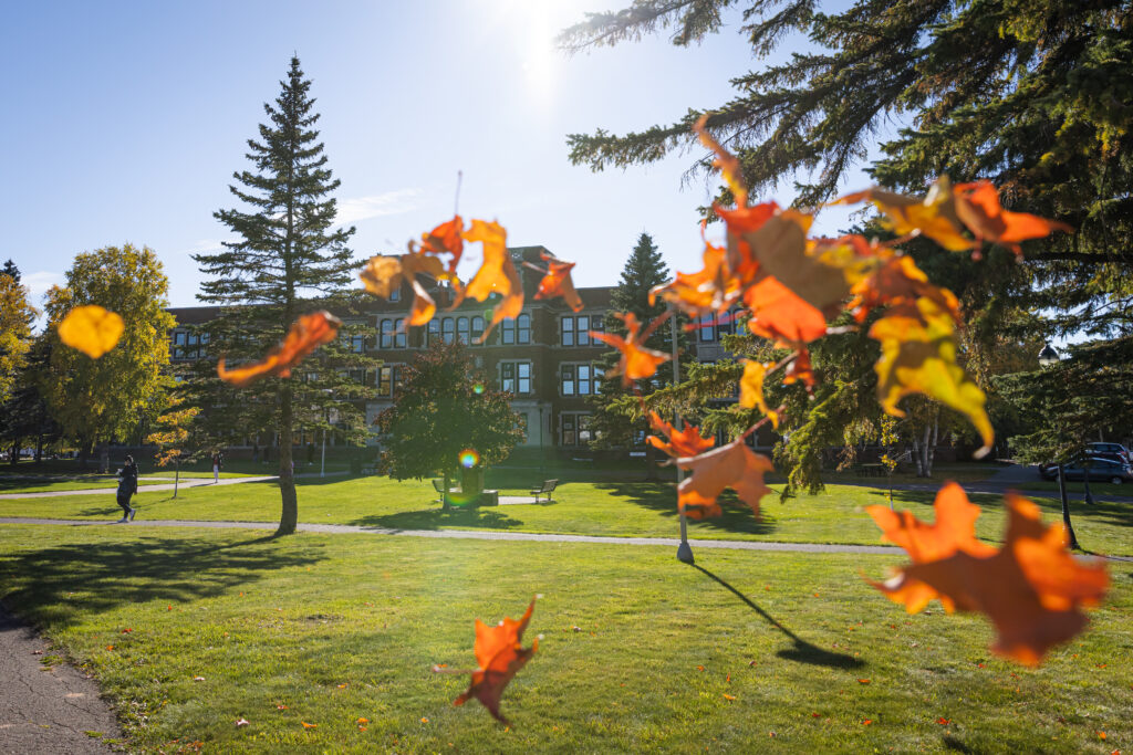 Old Main obscured by falling leaves