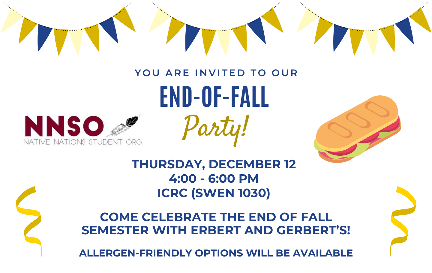 'End-of-Fall Party' on December 12th from 4pm to 6pm at the ICRC