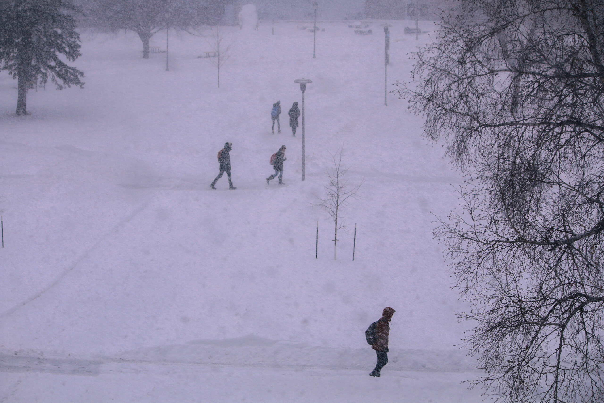 Students walking through snow