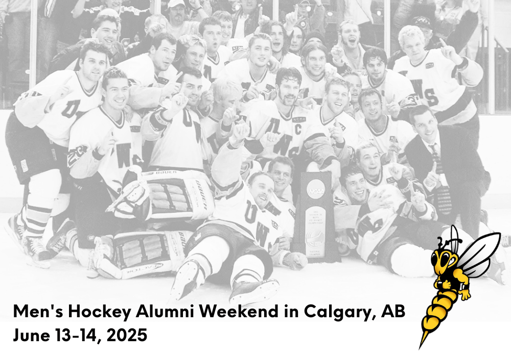 'Men's Hockey Alumni Weekend in Calgary, AB' from June 13-14th, 2025, with men's hockey team in background