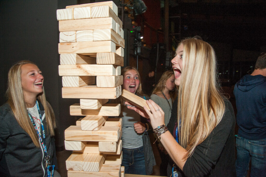 Students playing Jenga