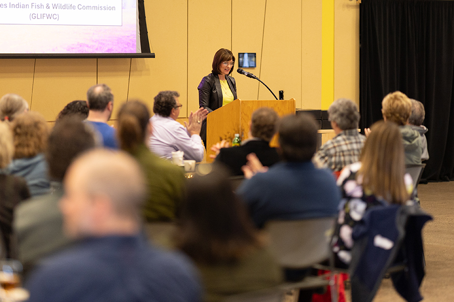 University of Wisconsin-Superior Chancellor Renee Wachter presents at the Faculty and Staff Recognition Program in the Yellowjacket Union Great Room.