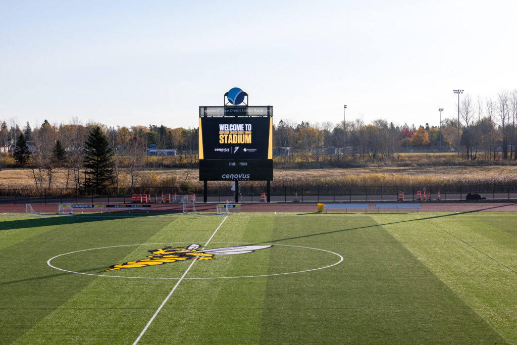 Video board at Superior Choice Credit Union Stadium