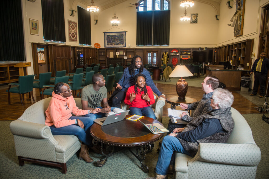 Students discussing at Pope Center