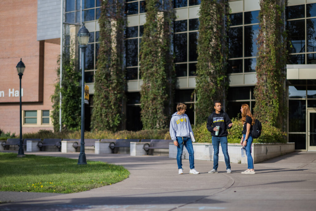 Students chatting in front of Swenson Hall