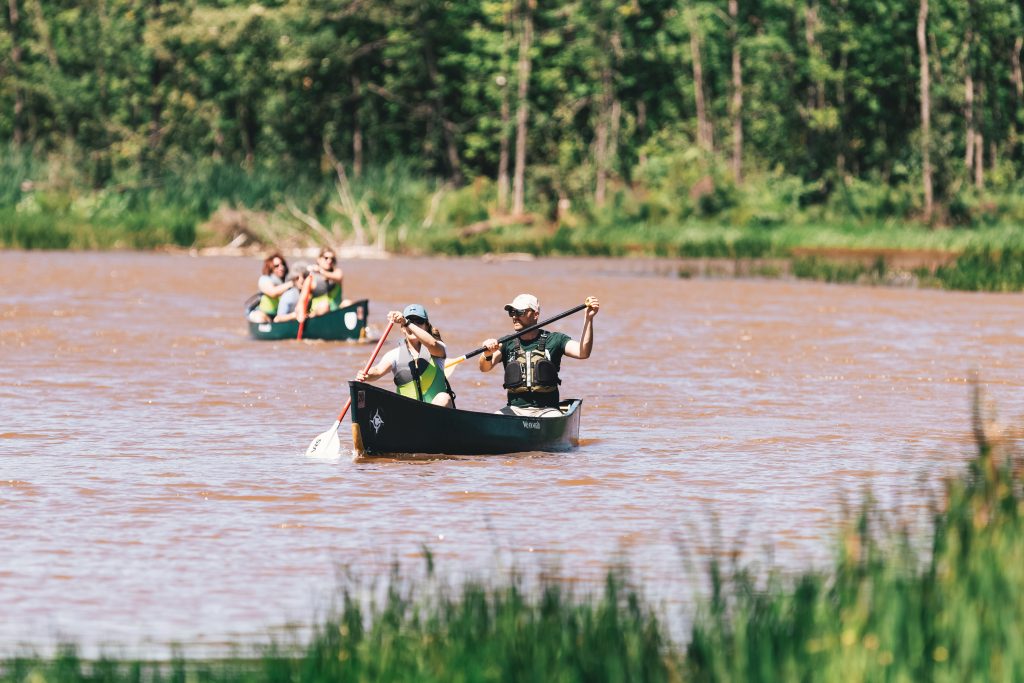 Students canoeing down river